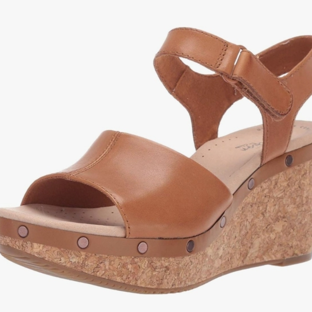 Clarks Tan Leather Wedge Sandals